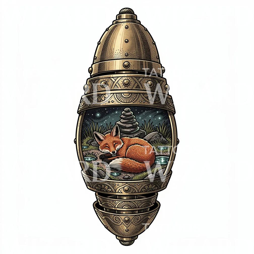 Sleeping Fox Lantern Tattoo Design