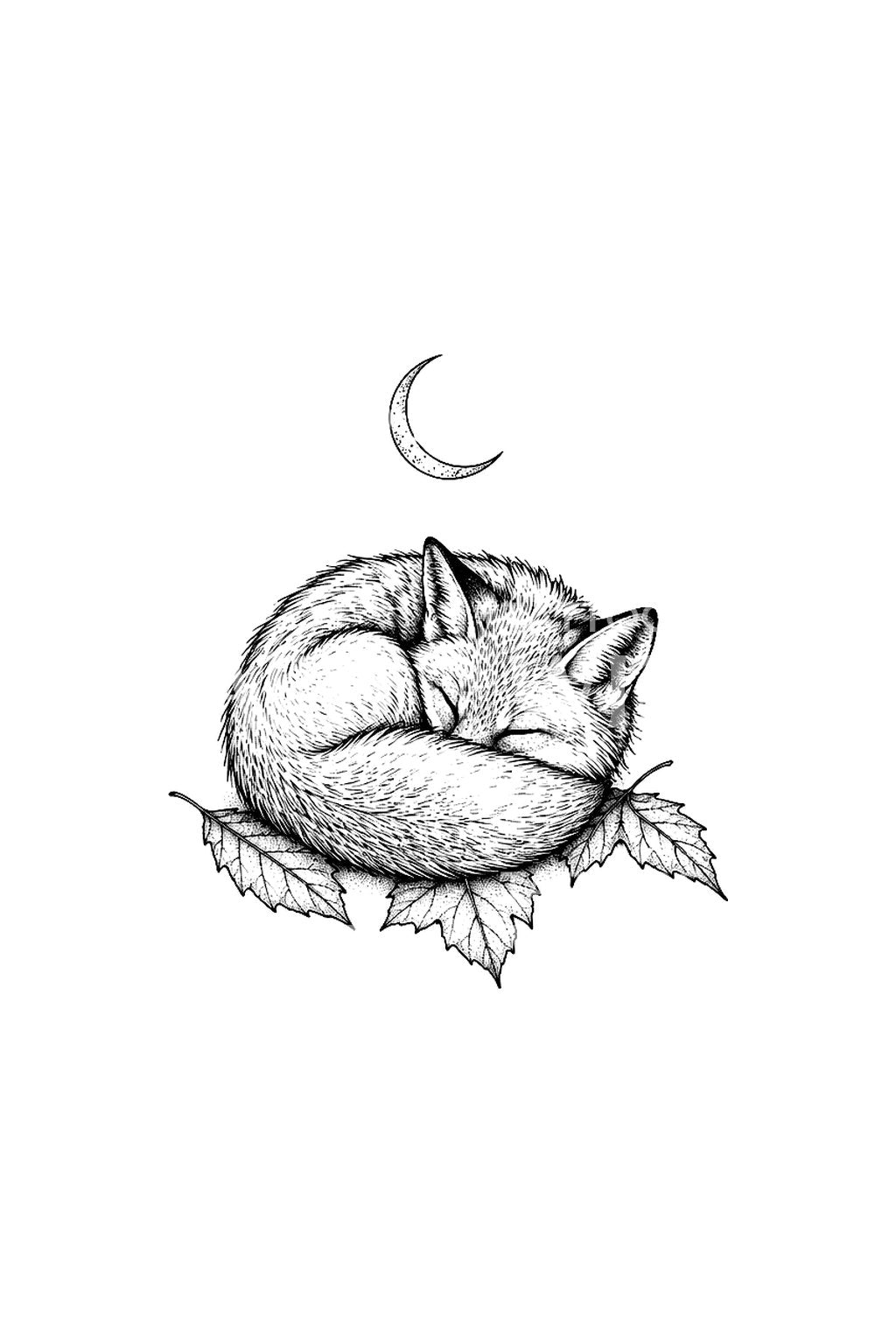 Sleeping Fox on Fallen Leaves Fine Line Tattoo Idea