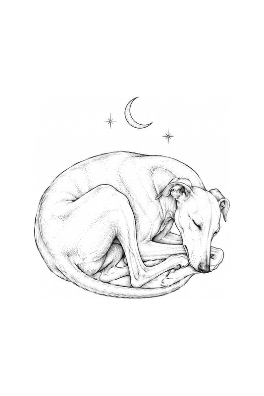 Idea per tatuaggio di un levriero addormentato sotto una falce di luna