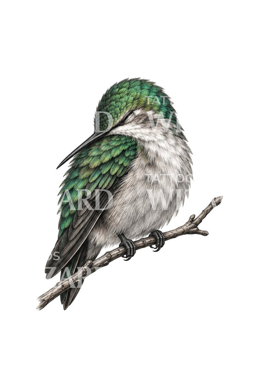 Sleeping Hummingbird on Twig Tattoo Design
