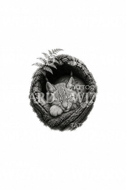 Sleeping Lynx Cub in Log Tattoo Illustration