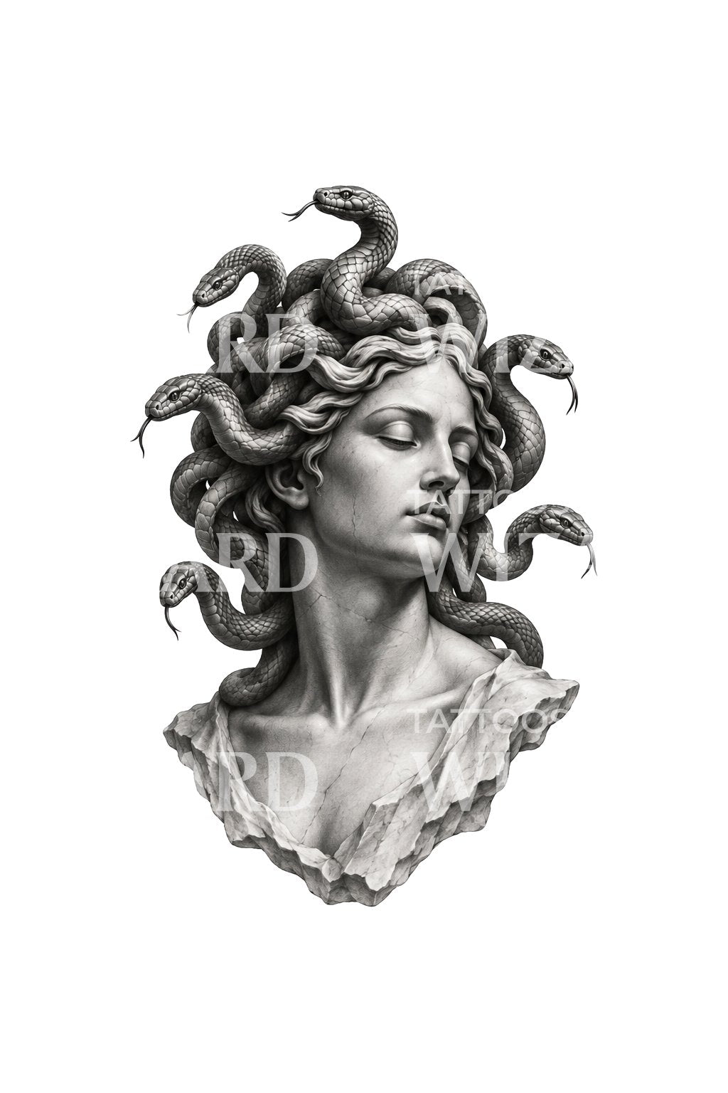 Illustrazione tattoo del busto di Medusa addormentata con capelli di serpenti
