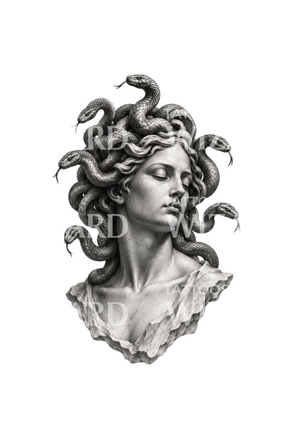 Illustrazione tattoo del busto di Medusa addormentata con capelli di serpenti