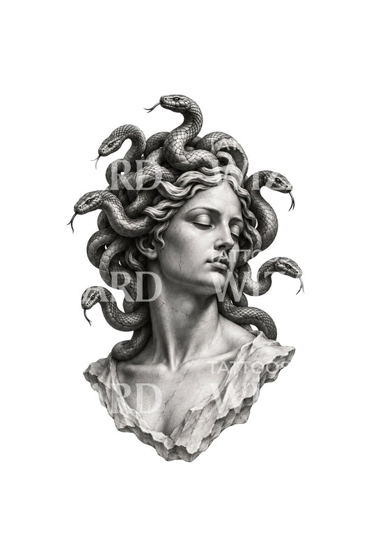 Illustrazione tattoo del busto di Medusa addormentata con capelli di serpenti
