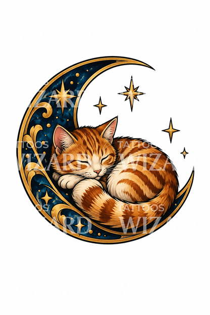 Tatuaje de gato atigrado dormido en luna creciente