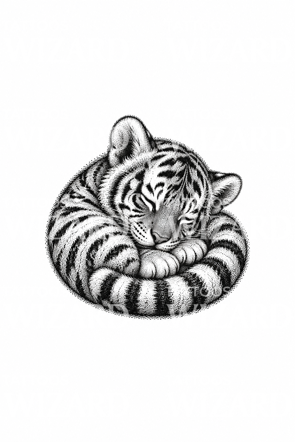 Anak harimau tidur dalam dotwork bertitik