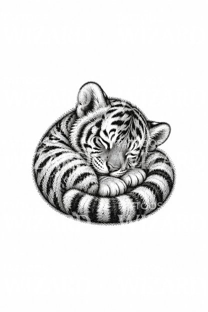 Anak harimau tidur dalam dotwork bertitik