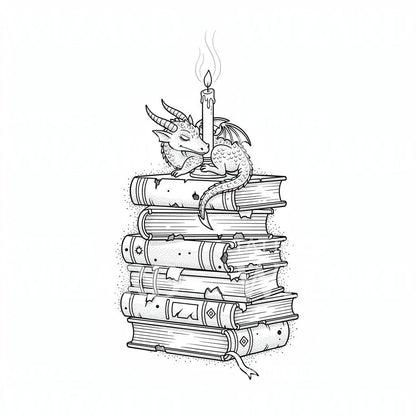 Sleepy Dragon Library Tattoo Design