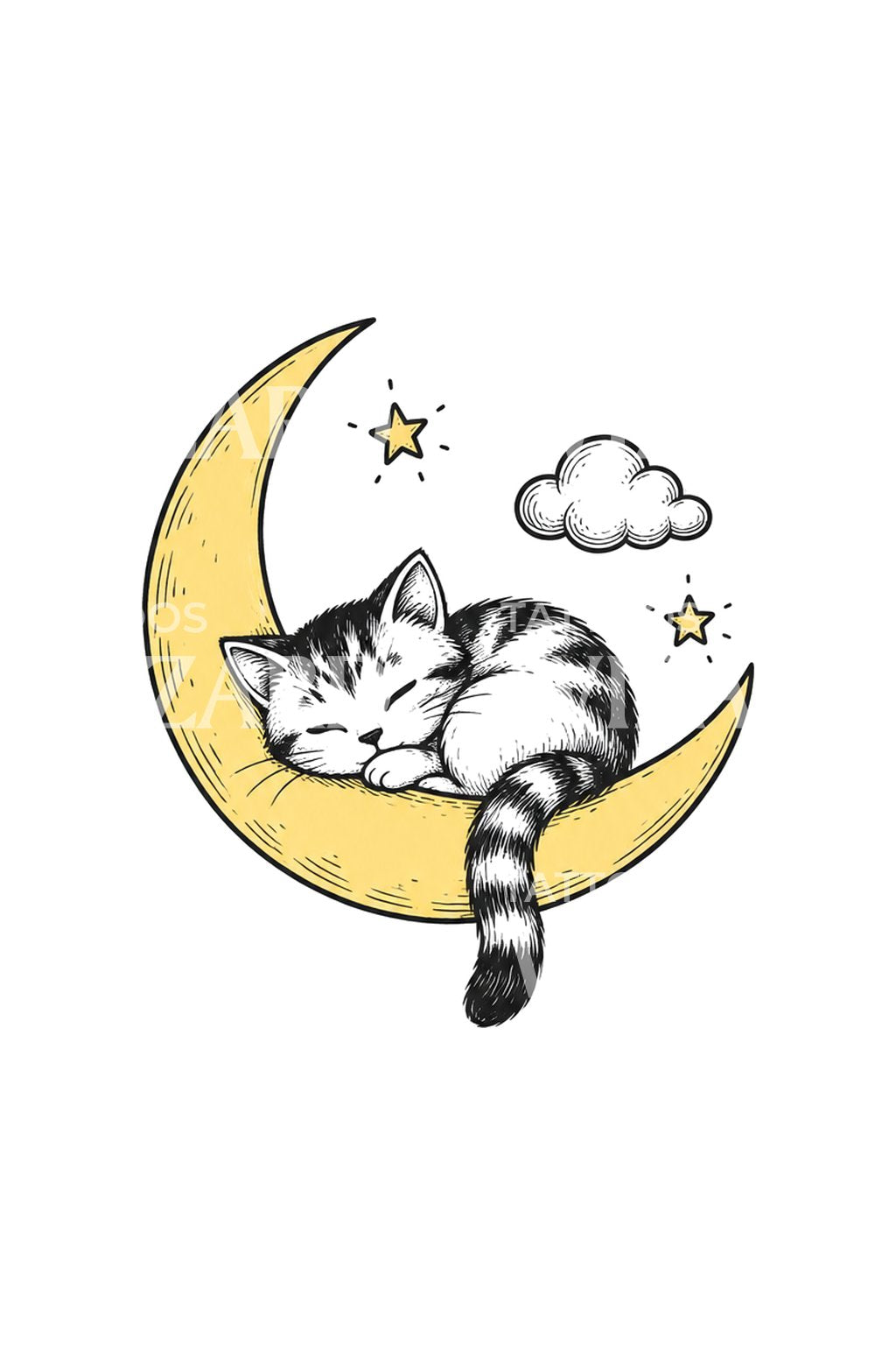 Śpiący kociak na księżycu, pomysł na tatuaż doodle