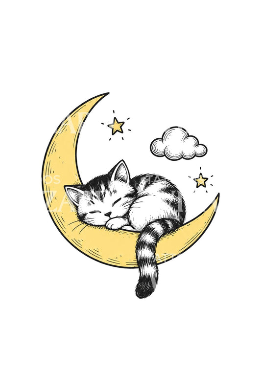 Gatinho sonolento na lua, ideia de tatuagem doodle