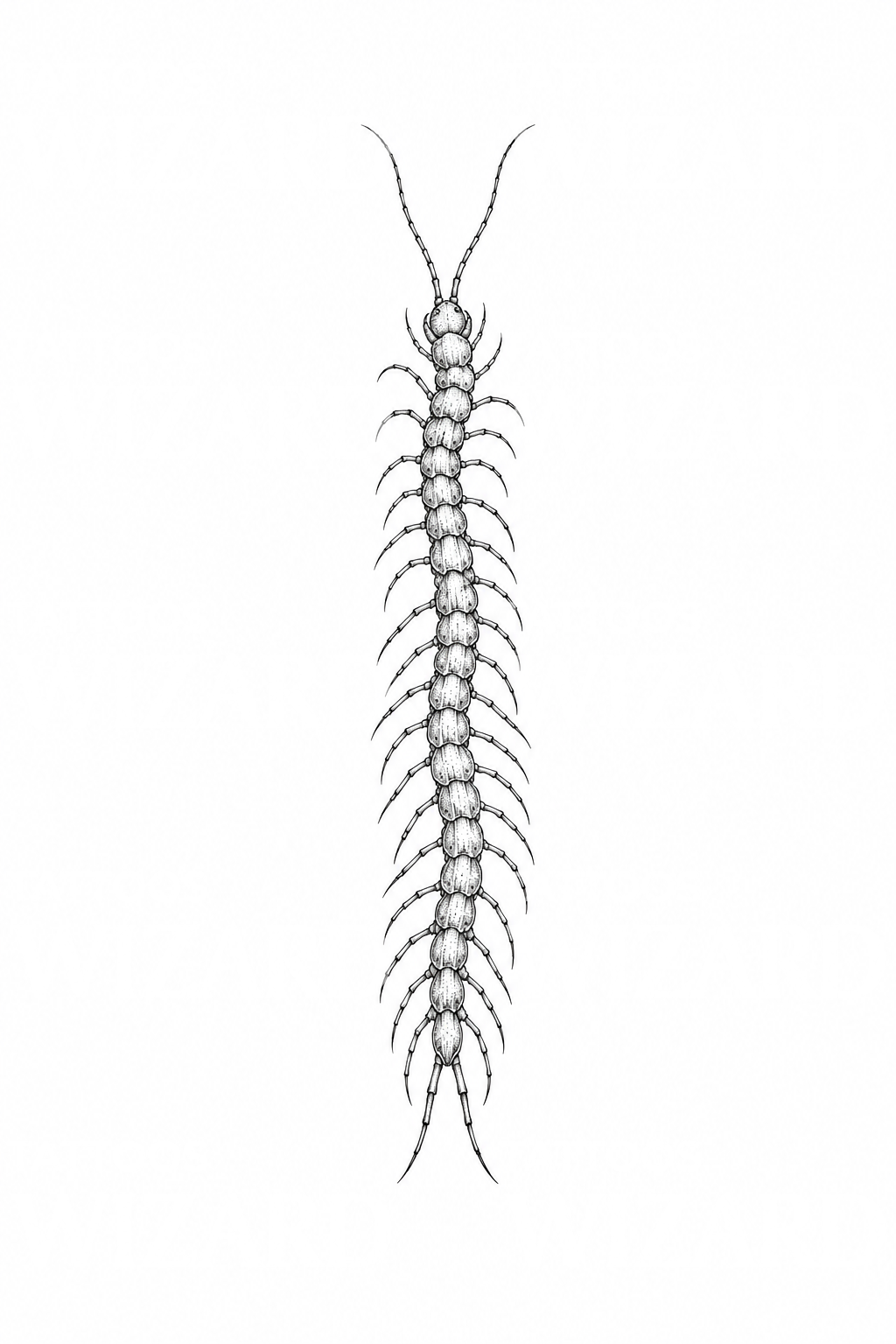 Tatouage fine line d’un mille-pattes élancé le long de la colonne