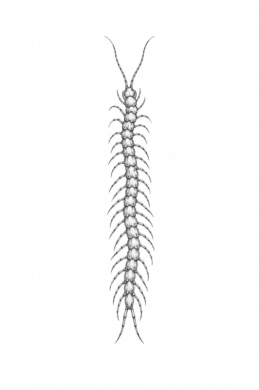 Tatouage fine line d’un mille-pattes élancé le long de la colonne