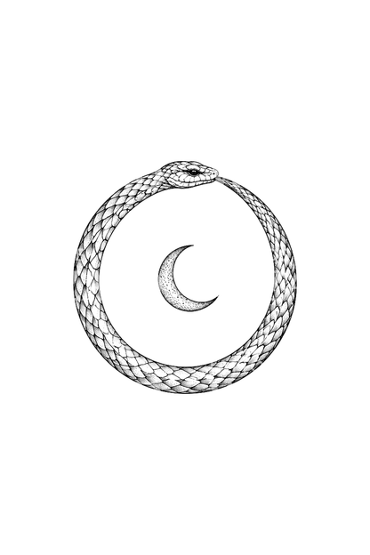 Slim Ouroboros Snake around Crescent Moon Fine Line Tattoo