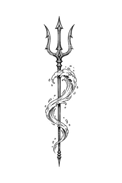 Slim Trident with Curling Wave Fine Line Tattoo Design