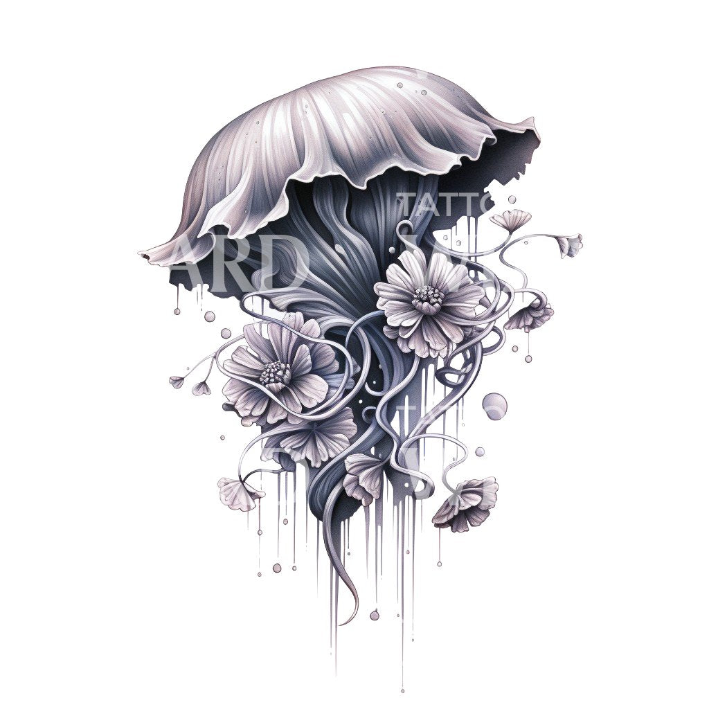 Big Jellyfish with Flowers Tattoo Design