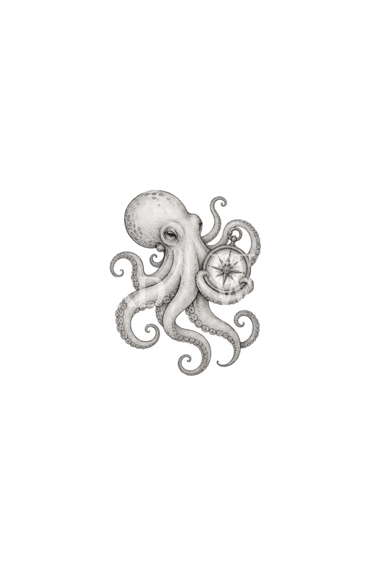 Kleiner Oktopus mit Kompass Fine-Line-Tattoo