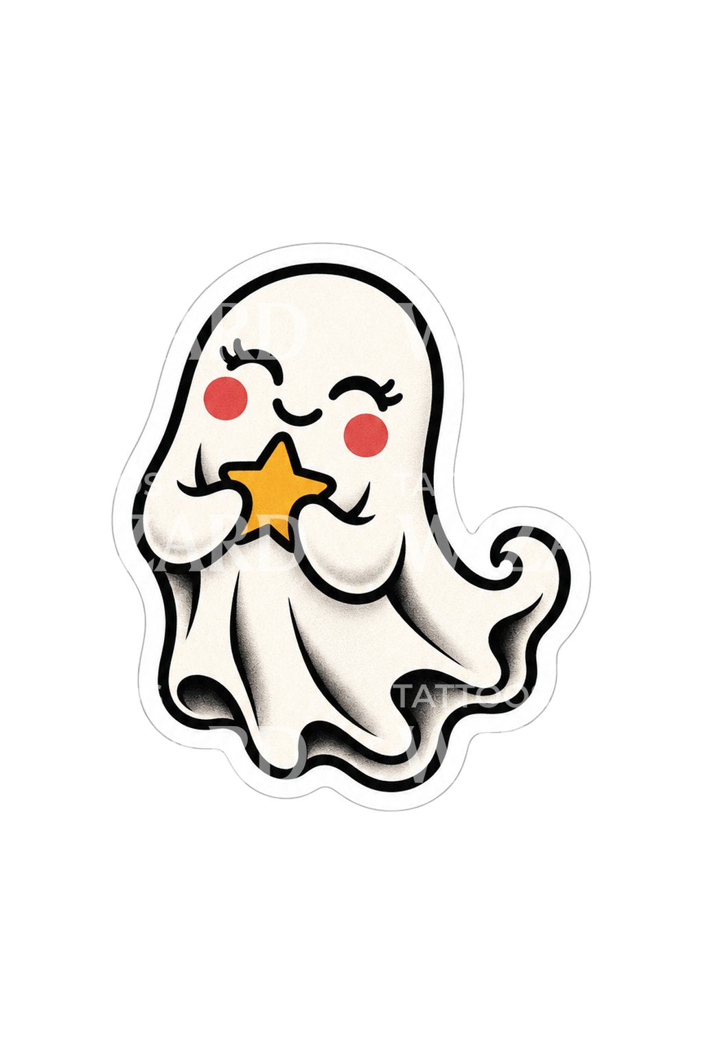 Smiling Ghost Holding Star Sticker Tattoo Idea
