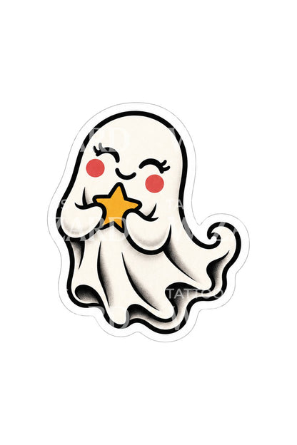 Smiling Ghost Holding Star Sticker Tattoo Idea
