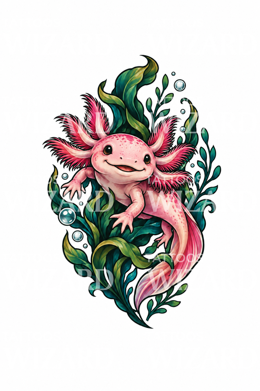 Usměvavý růžový axolotl mezi vodními rostlinami jako tetování