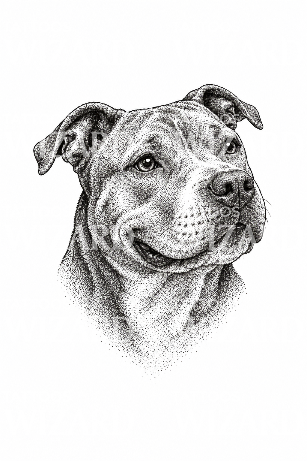 Glimlachende pitbull dotwork tattoo