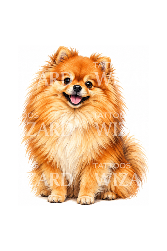 Realistisk tatoveringsdesign af en smilende pomeranian