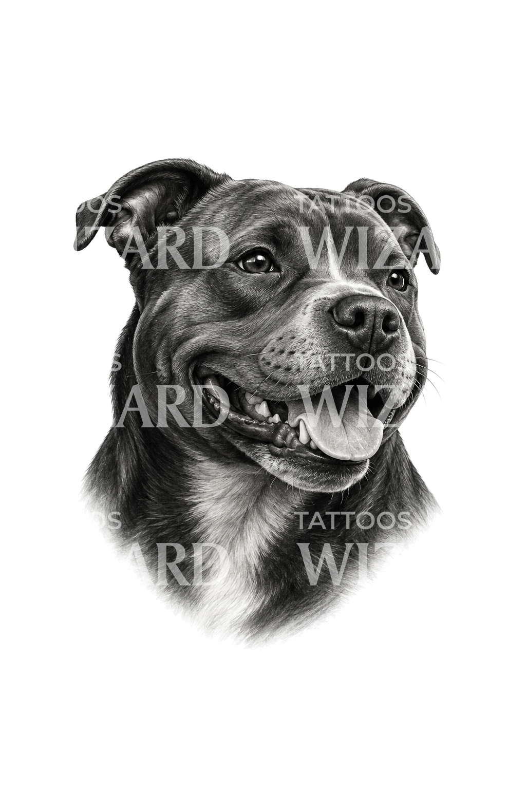 Tatuagem a preto e cinzento de um Staffordshire Bull Terrier sorridente