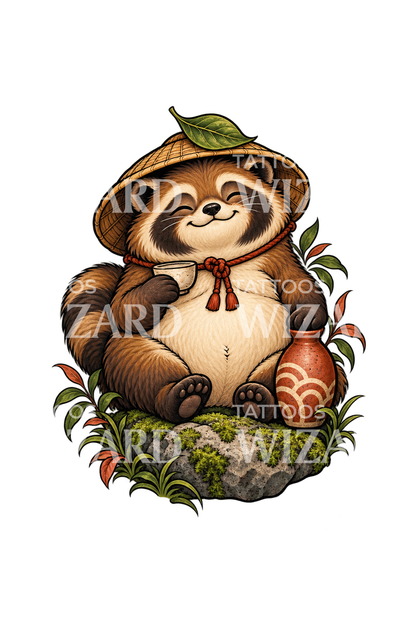Tanuki sonriente con sombrero de hoja y sake, diseño de tatuaje