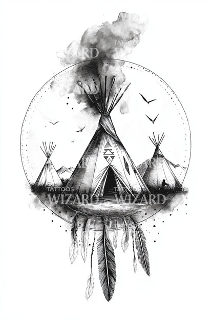 Smoke Over Teepees Tattoo Illustration