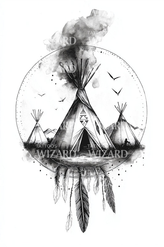 Smoke Over Teepees Tattoo Illustration