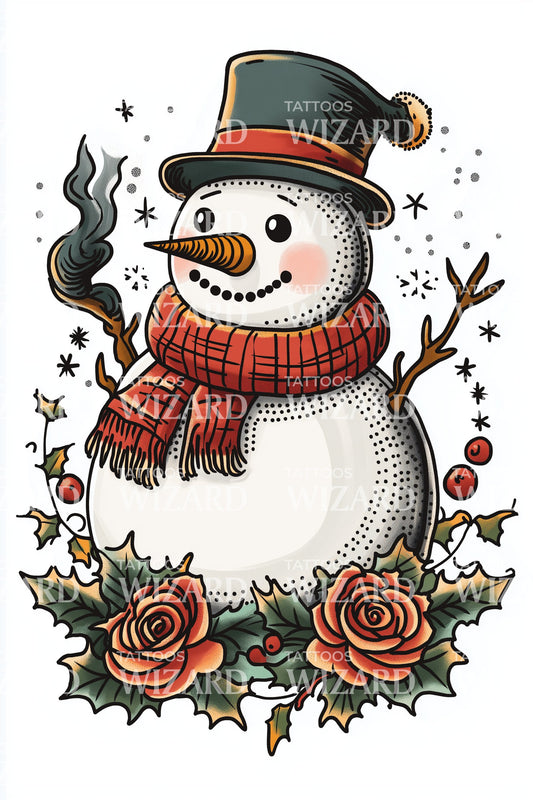 Smoking Snowman Roses Tattoo Illustration
