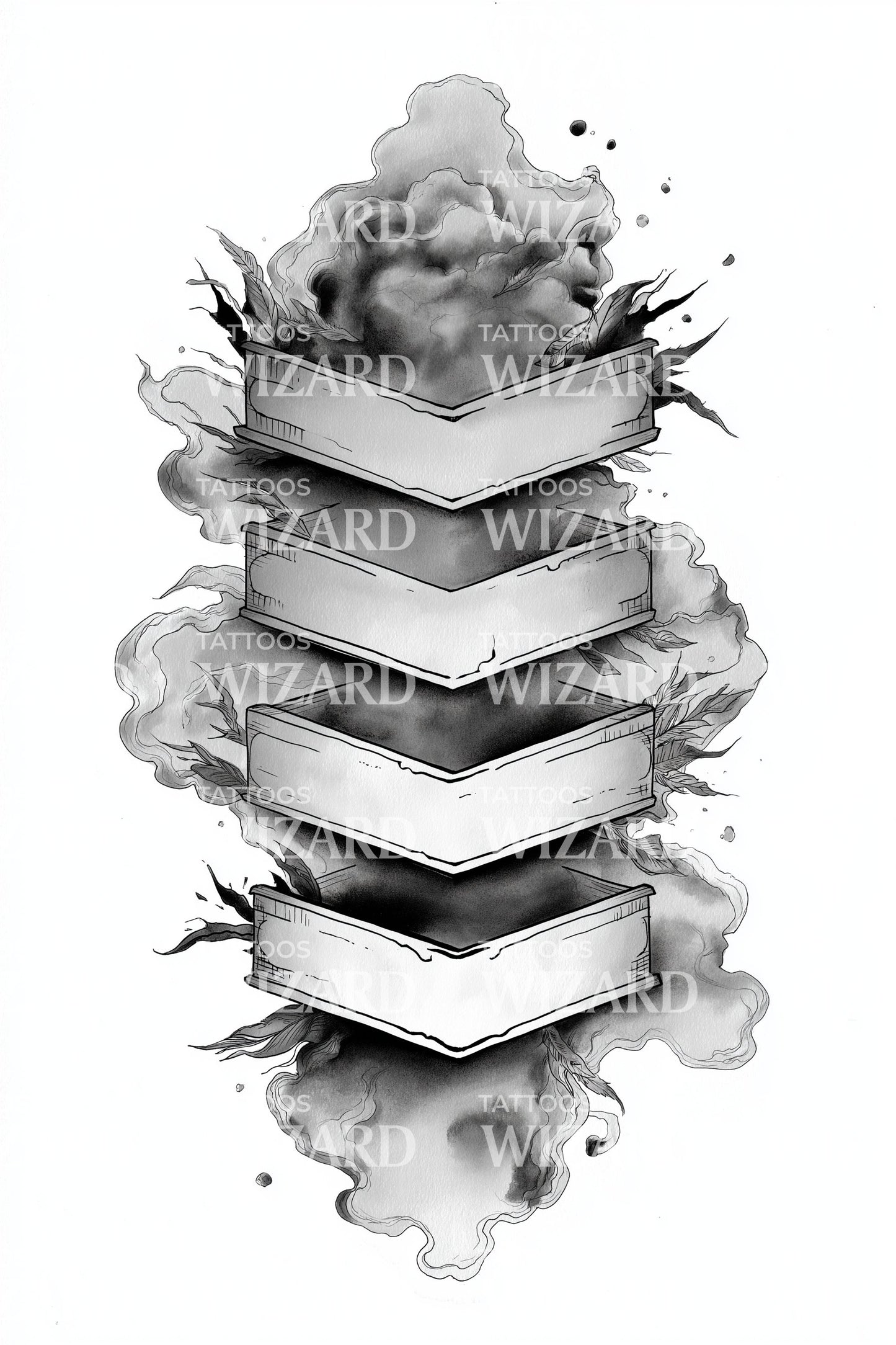 Smoky Floating Book Stack Tattoo Design