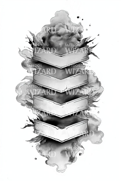 Smoky Floating Book Stack Tattoo Design