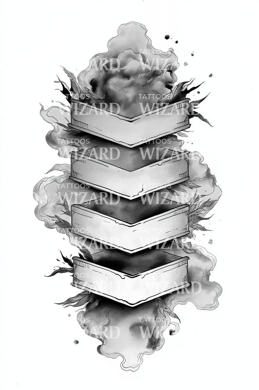 Smoky Floating Book Stack Tattoo Design