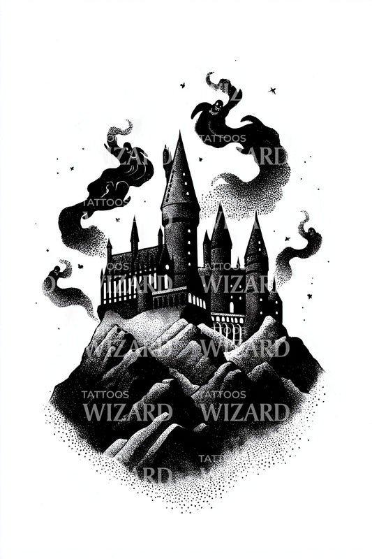 Smoky Gothic Castle Tattoo Design