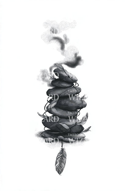 Smoky Pebble Cairn Feather Tattoo Idea