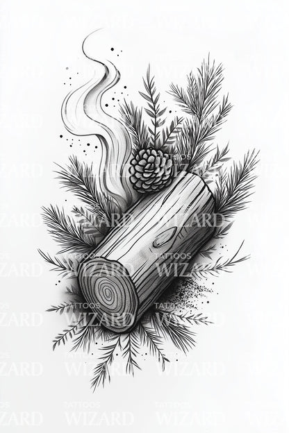 Smoldering Log and Pinecone Tattoo Design