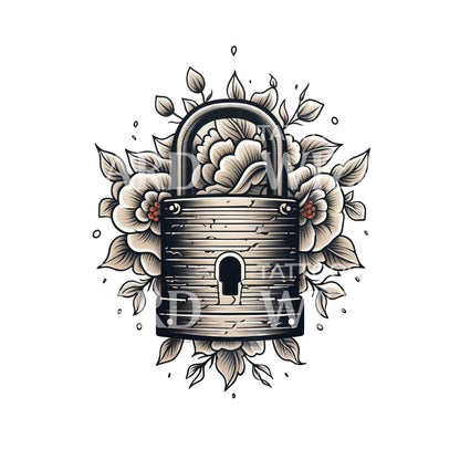 Lock and Flowers Old School Tattoo Design