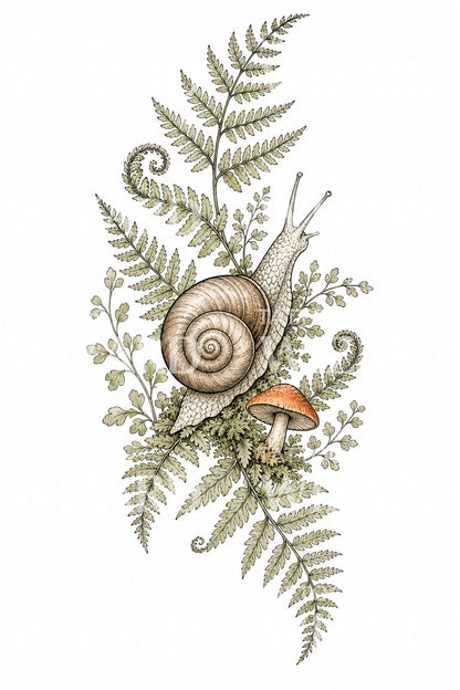 Snail Among Ferns Tattoo Design