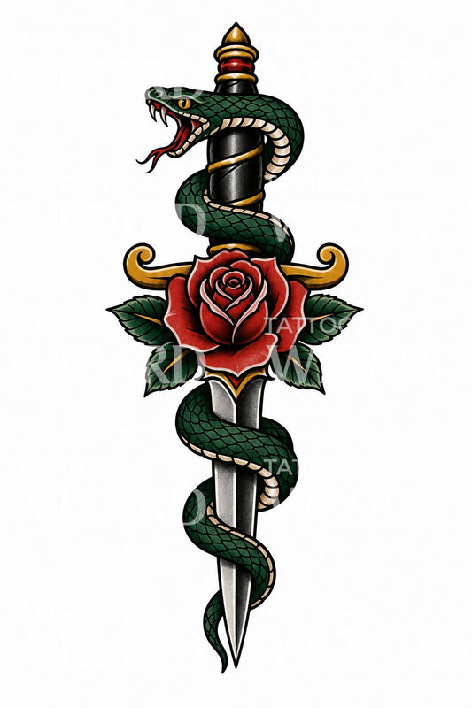 Snake and Dagger Rose Tattoo Design