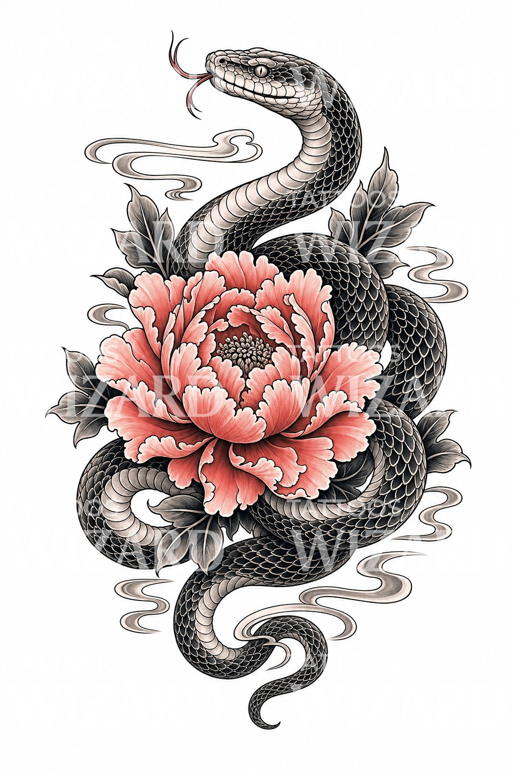 Snake and Peony Tattoo Design