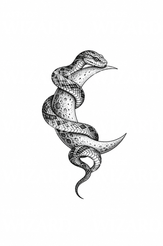 Dotwork-tatuointi käärmeestä kiertyneenä puolikuun ympärille