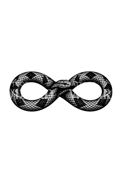 Tatuagem de cobra enrolada num infinito, em dotwork
