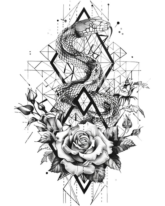 Snake With Geometry and Flowers Tattoo Design