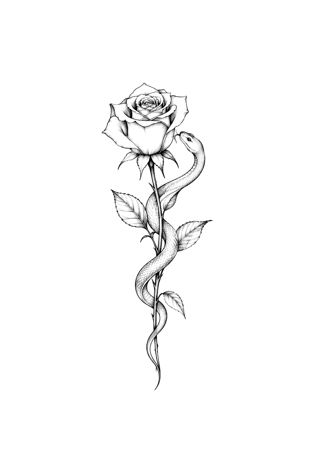 Serpente avvolto allo stelo di una rosa, tattoo fine line