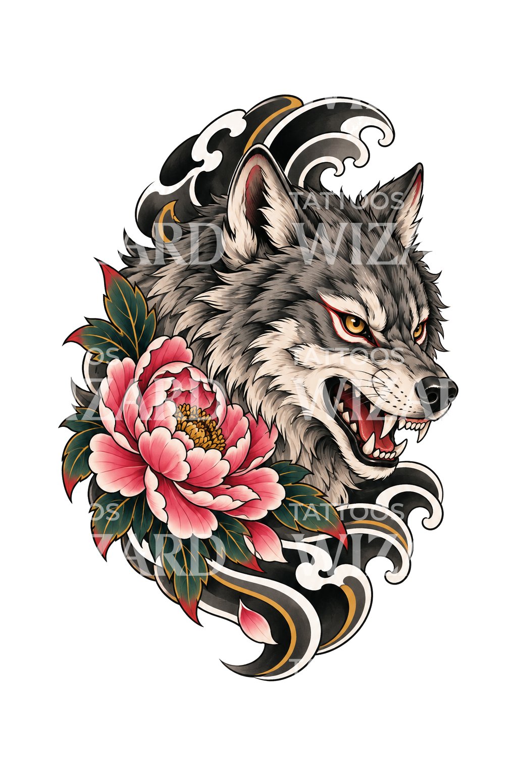 Snarling Wolf with Peony Irezumi Tattoo Illustration