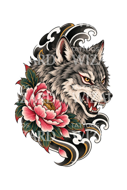 Snarling Wolf with Peony Irezumi Tattoo Illustration