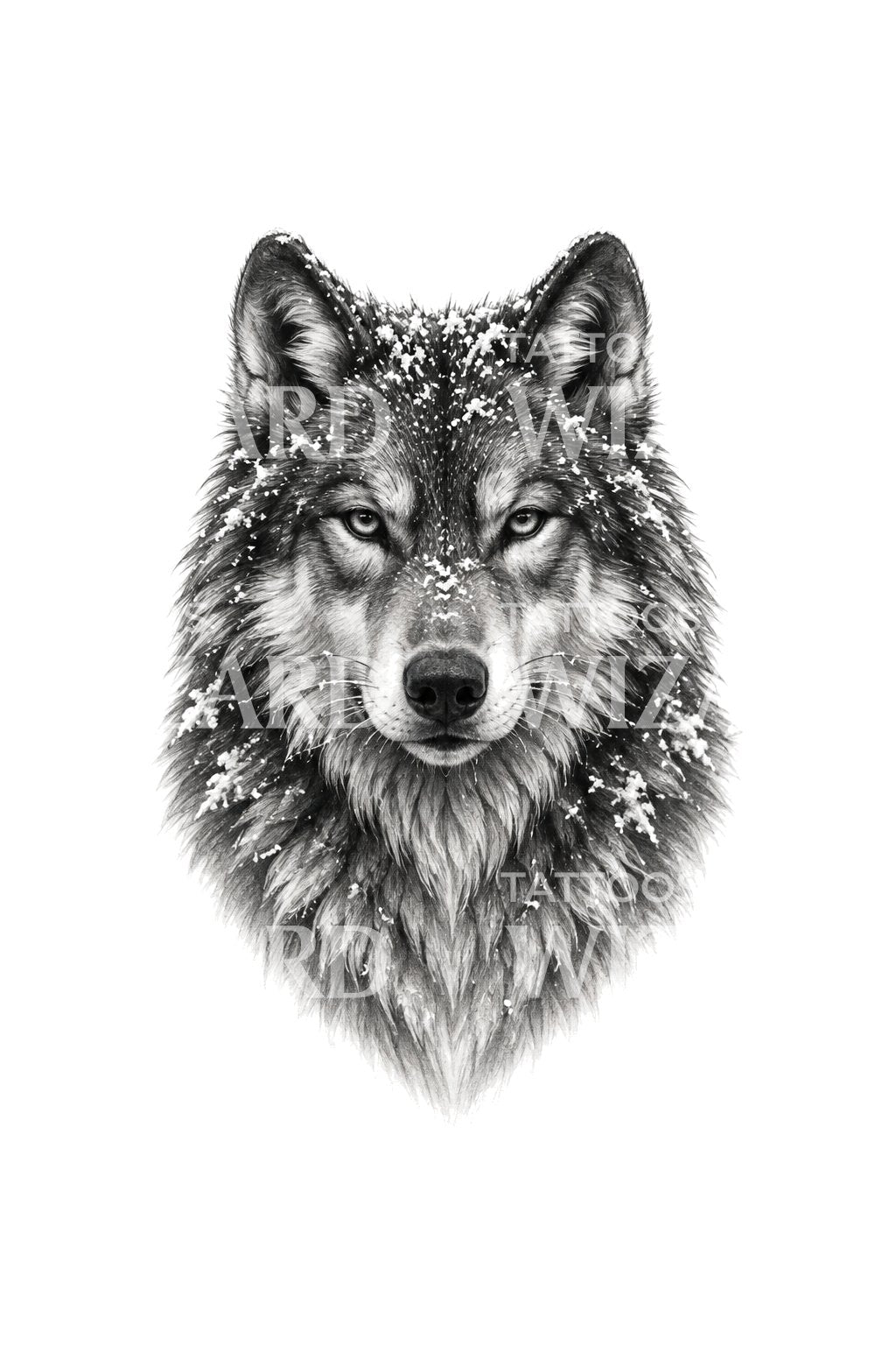 Tatouage noir et gris d’un regard de loup poudré de neige