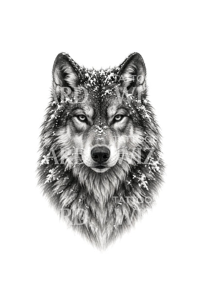 Tatouage noir et gris d’un regard de loup poudré de neige