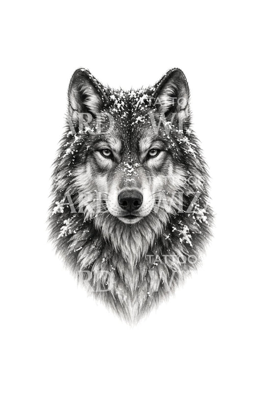 Schwarz-graues Tattoo-Design eines schneebestäubten Wolfsblicks