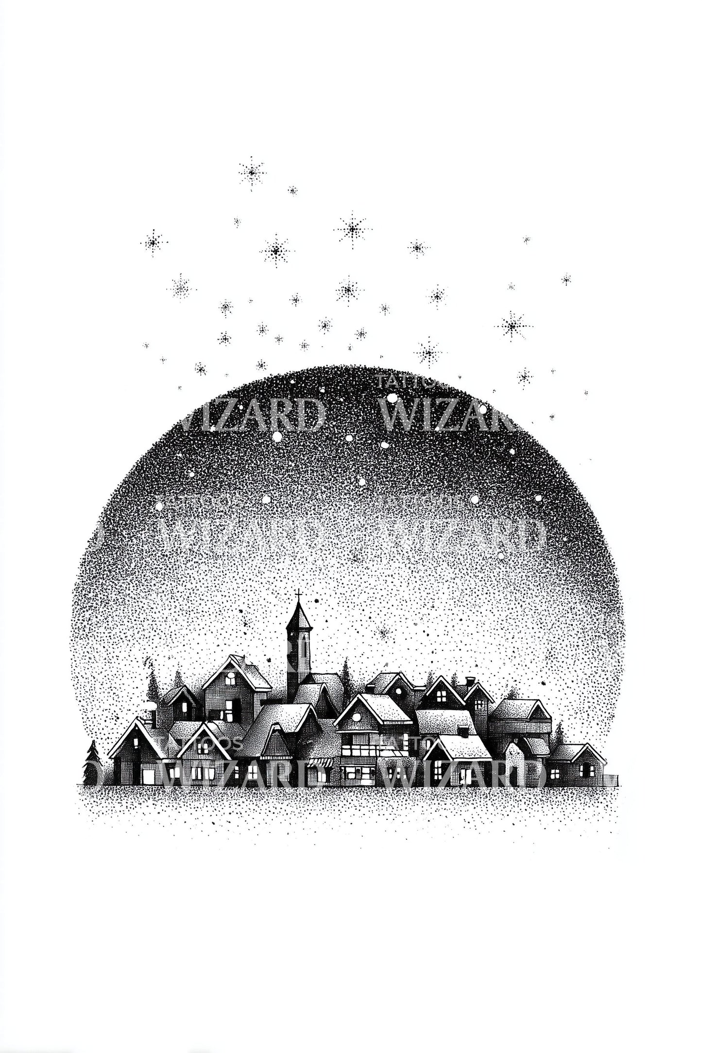 Snow Globe Winter Town Tattoo Illustration